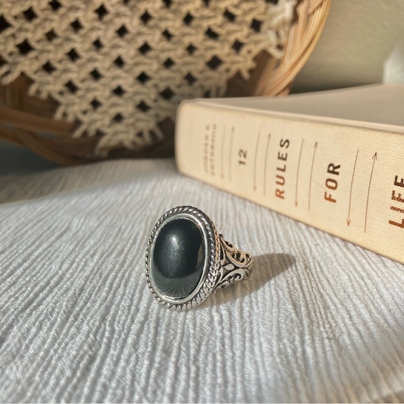 Vintage Jewelry - Gothic Black Onyx Silver Ring Vintage “Ravenna” Floral Scrollwork Chunky Dark